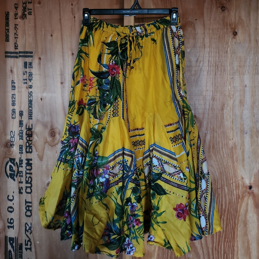 Vibrant Yellow Floral Midi Skirt